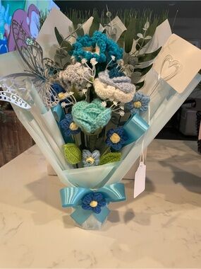 Handmade Crochet Blue & Teal Flower Bouquet - Home Accents